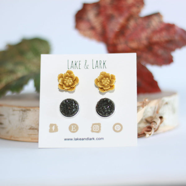 mustard yellow olive green stud earrings