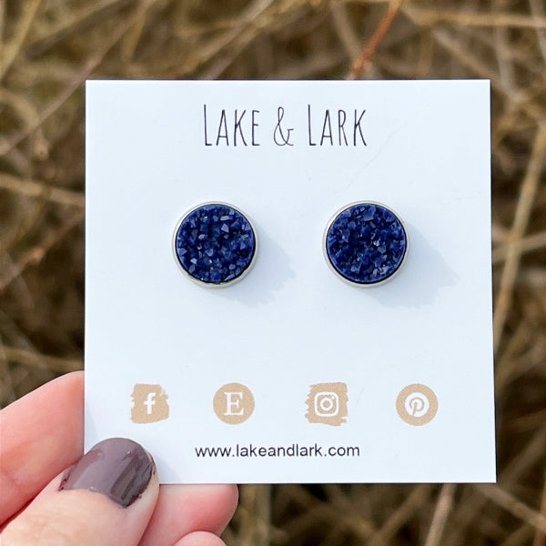 navy blue druzy stud earrings lake lark