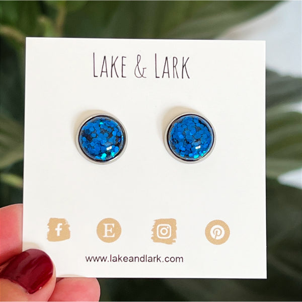 royal blue glitter stud earrings