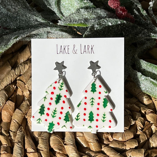 painted clay christmas tree earrings