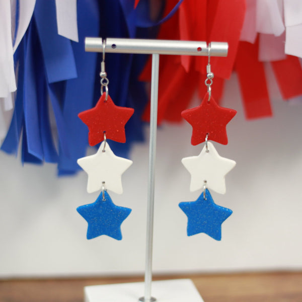 red white blue clay star earrings