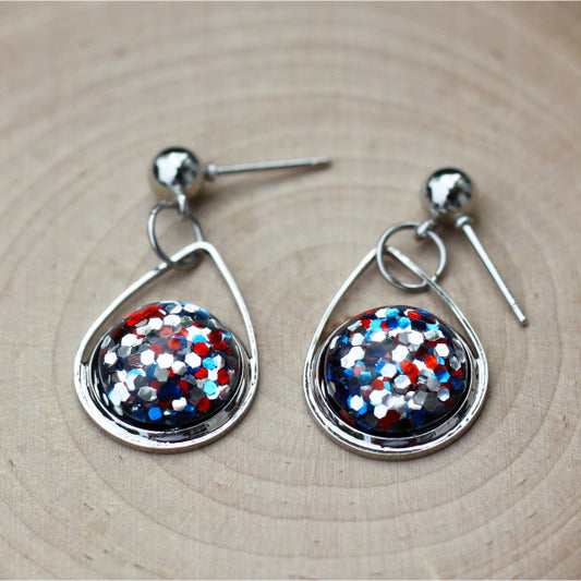 red white blue glitter teardrop earrings