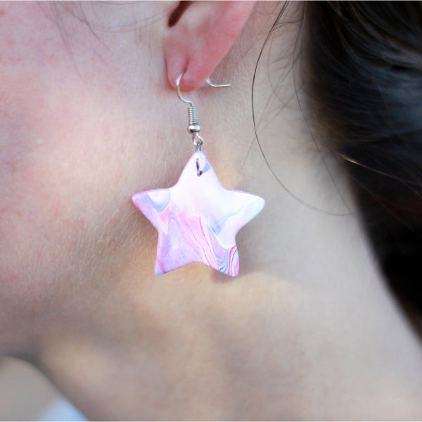 swirl art red white blue clay star earrings