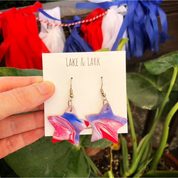 red white blue swirl art polymer clay earrings