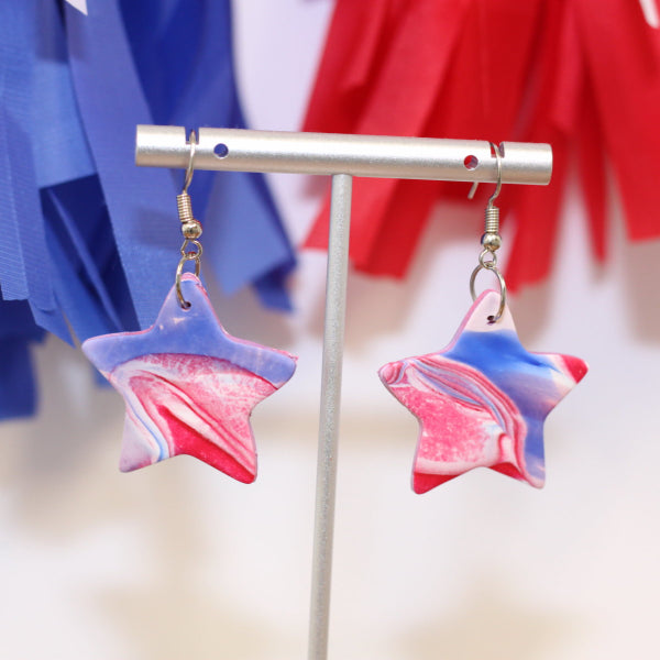 red white blue swirl art star earrings