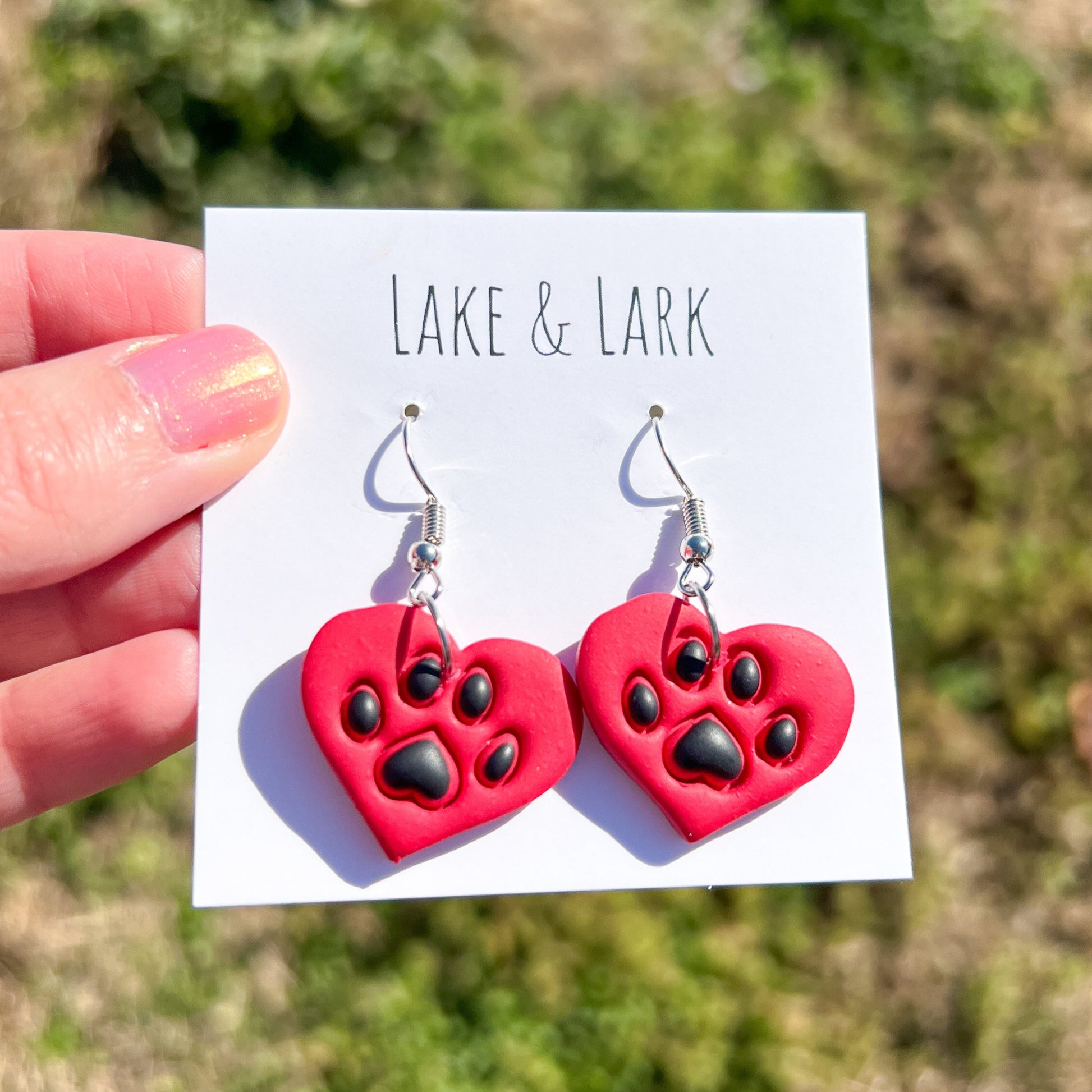 paw print heart clay earrings