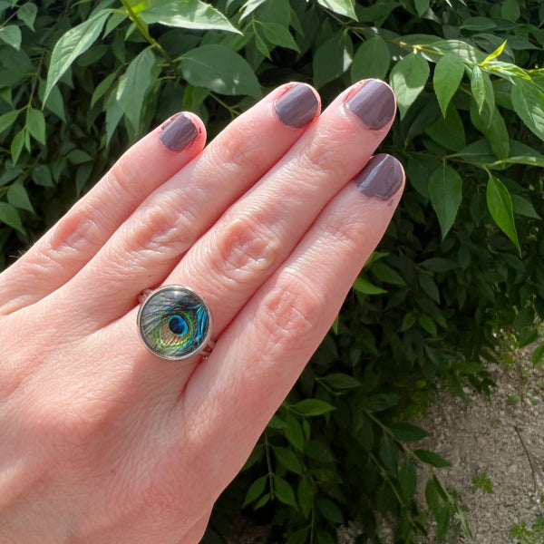 silver peacock feather ring