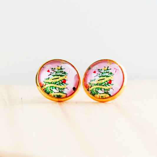 pink christmas tree stud earrings