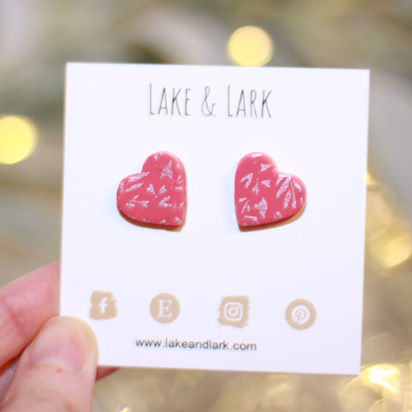 pink floral heart stud earrings lake and lark