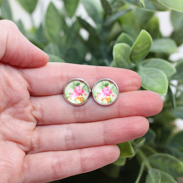 pink flower blooms stud earrings lake and lark