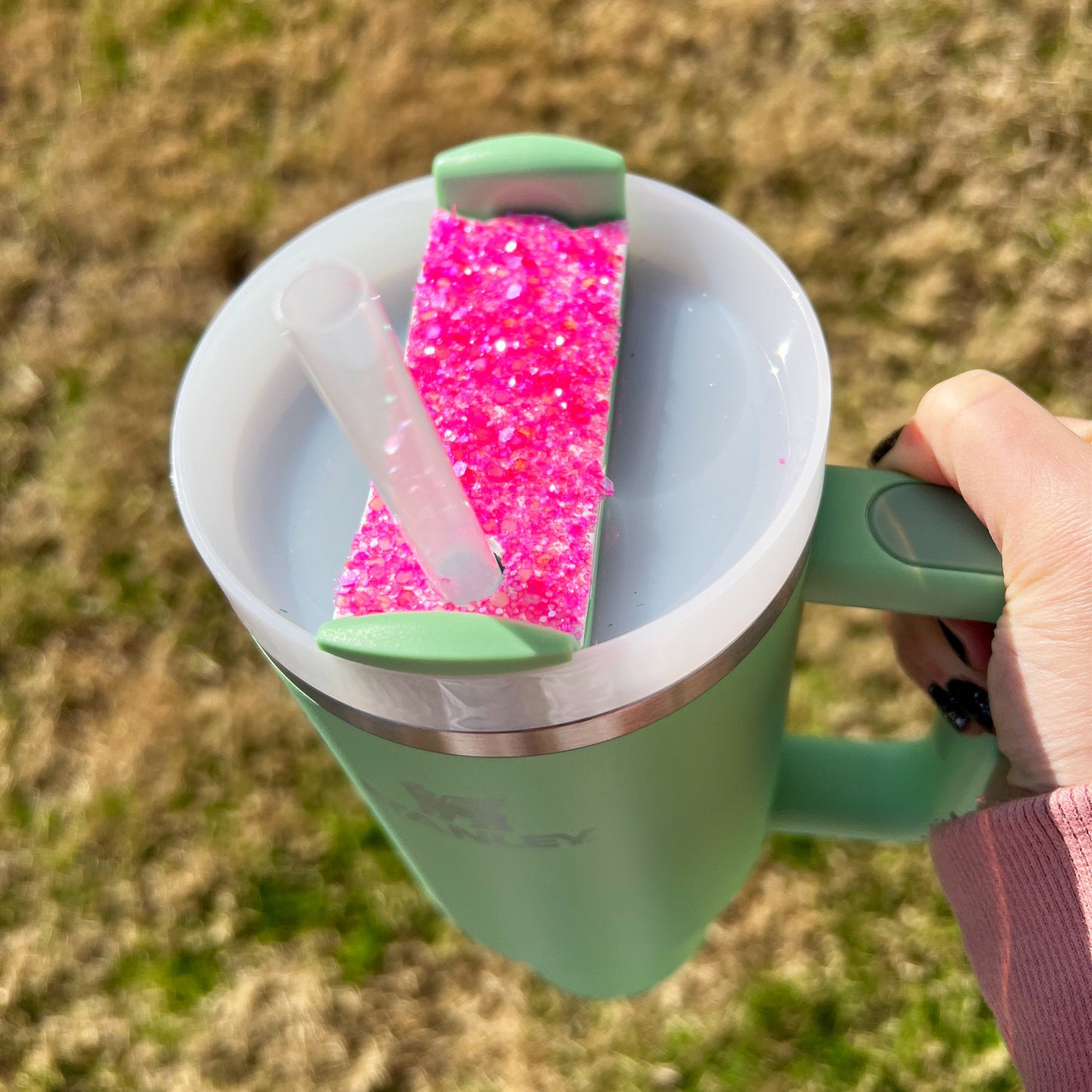 pink glitter stanley tumbler name plate lake lark