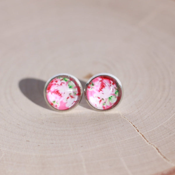 pink peony flower earrings