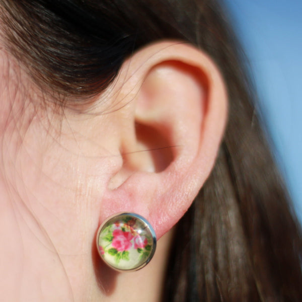 pink floral stud earrings