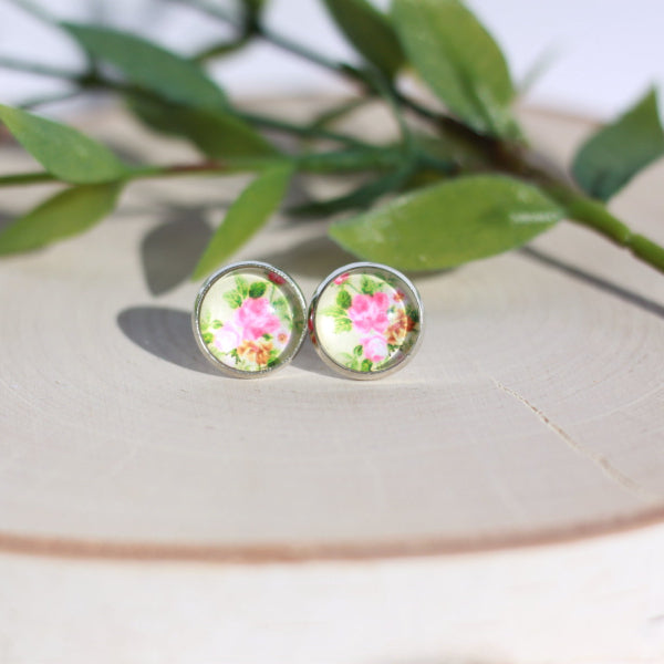 pink green orange flower stud earrings