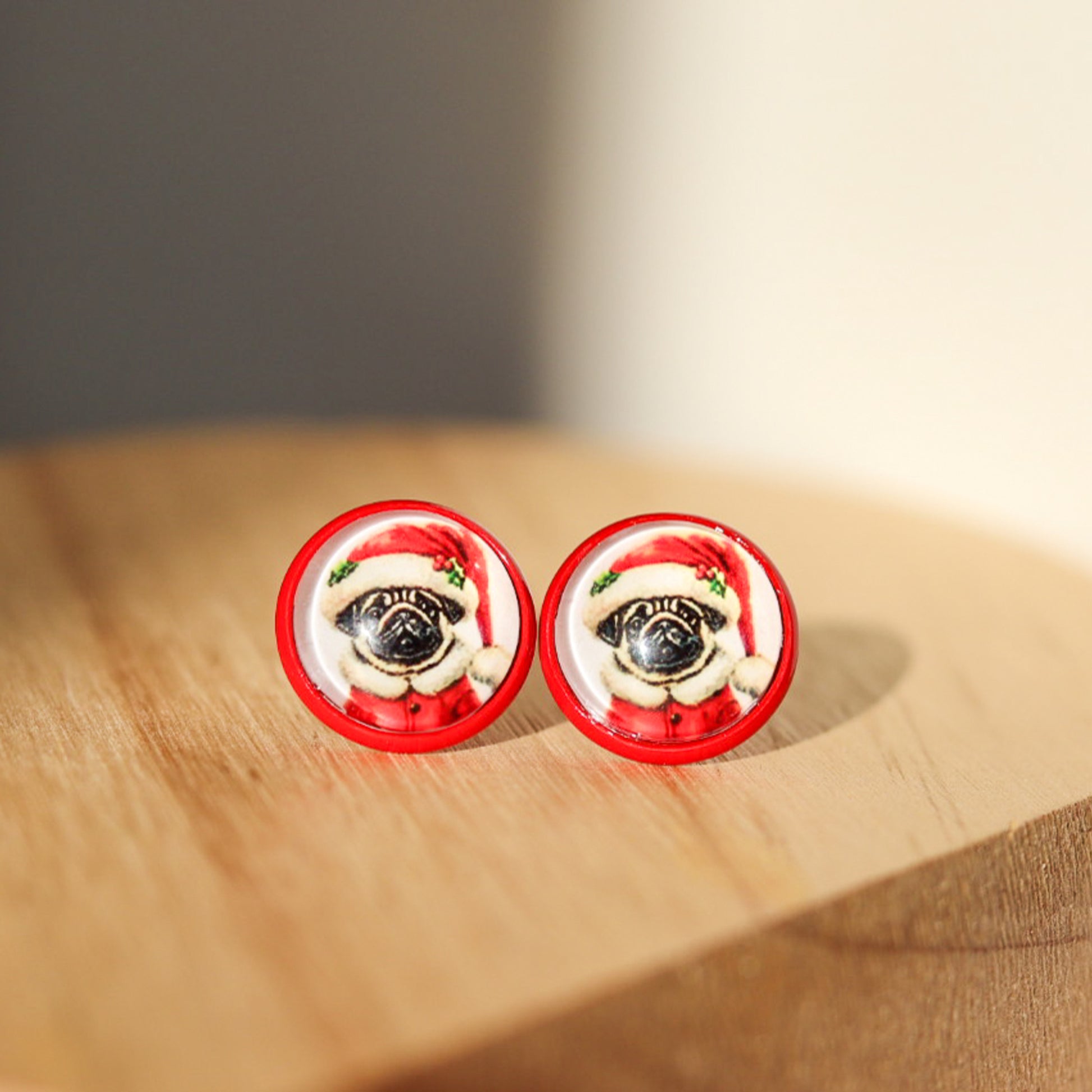 pug dog christmas stud earrings santa paws