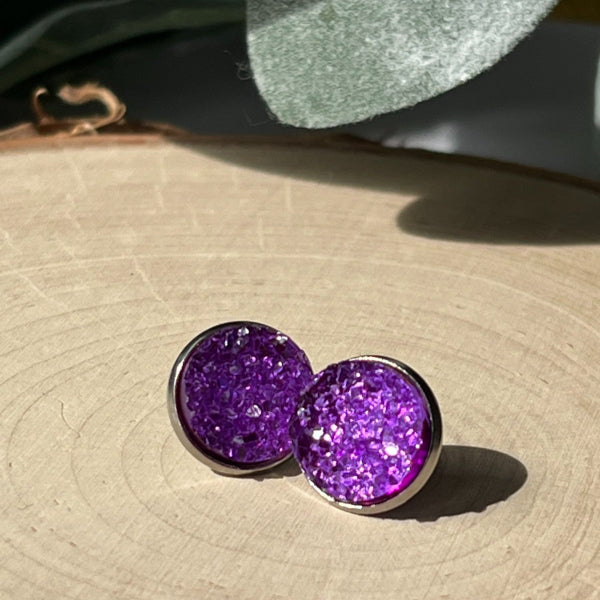 violet purple druzy stud earrings