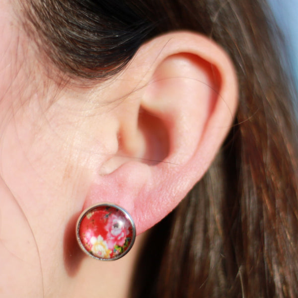 red pink yellow floral earrings