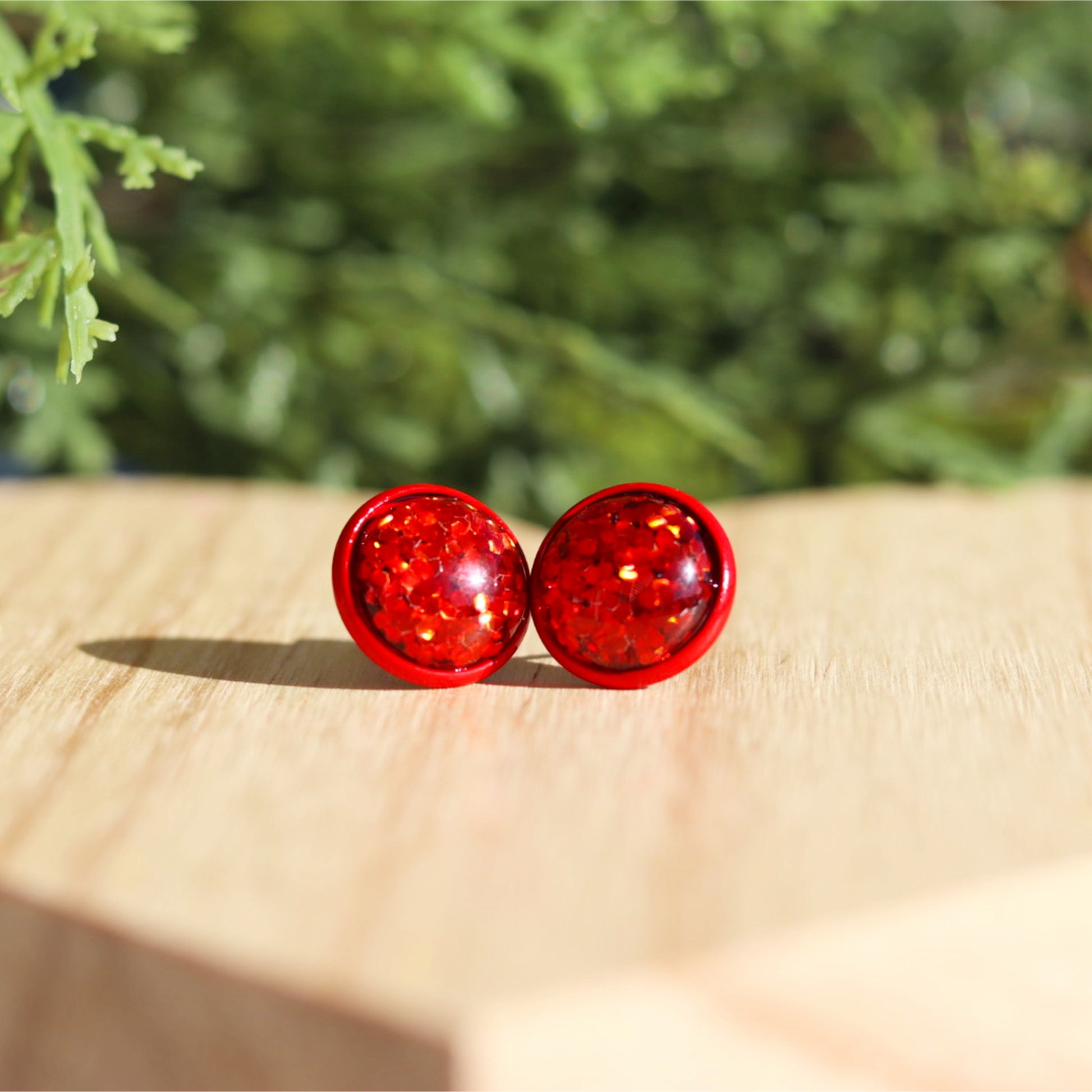 sparkly red glitter stud earrings