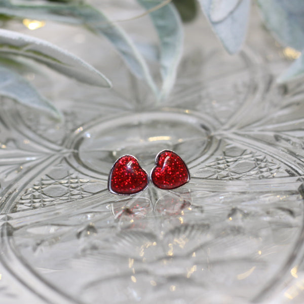 red heart glitter stud earrings lake and lark