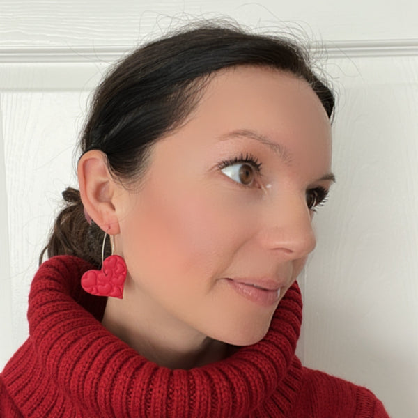 red heart clay hoop valentine earrings