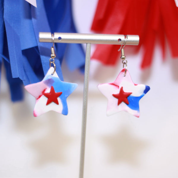 red white blue swirl clay star earrings