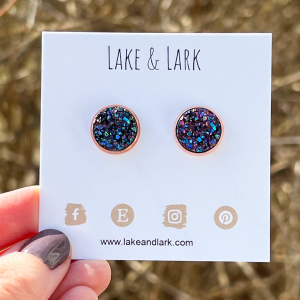 rose gold blue druzy stud earrings lake lark