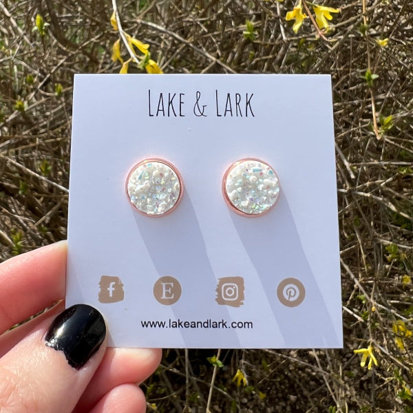 rose gold glitter white stud earrings lake lark