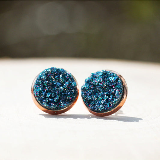 blue denim rose gold stud earrings