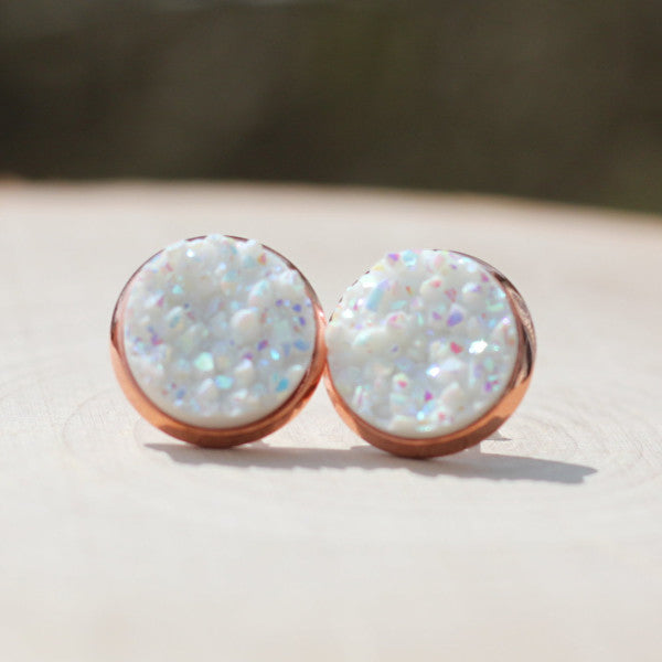 rose gold glitter white stud earrings