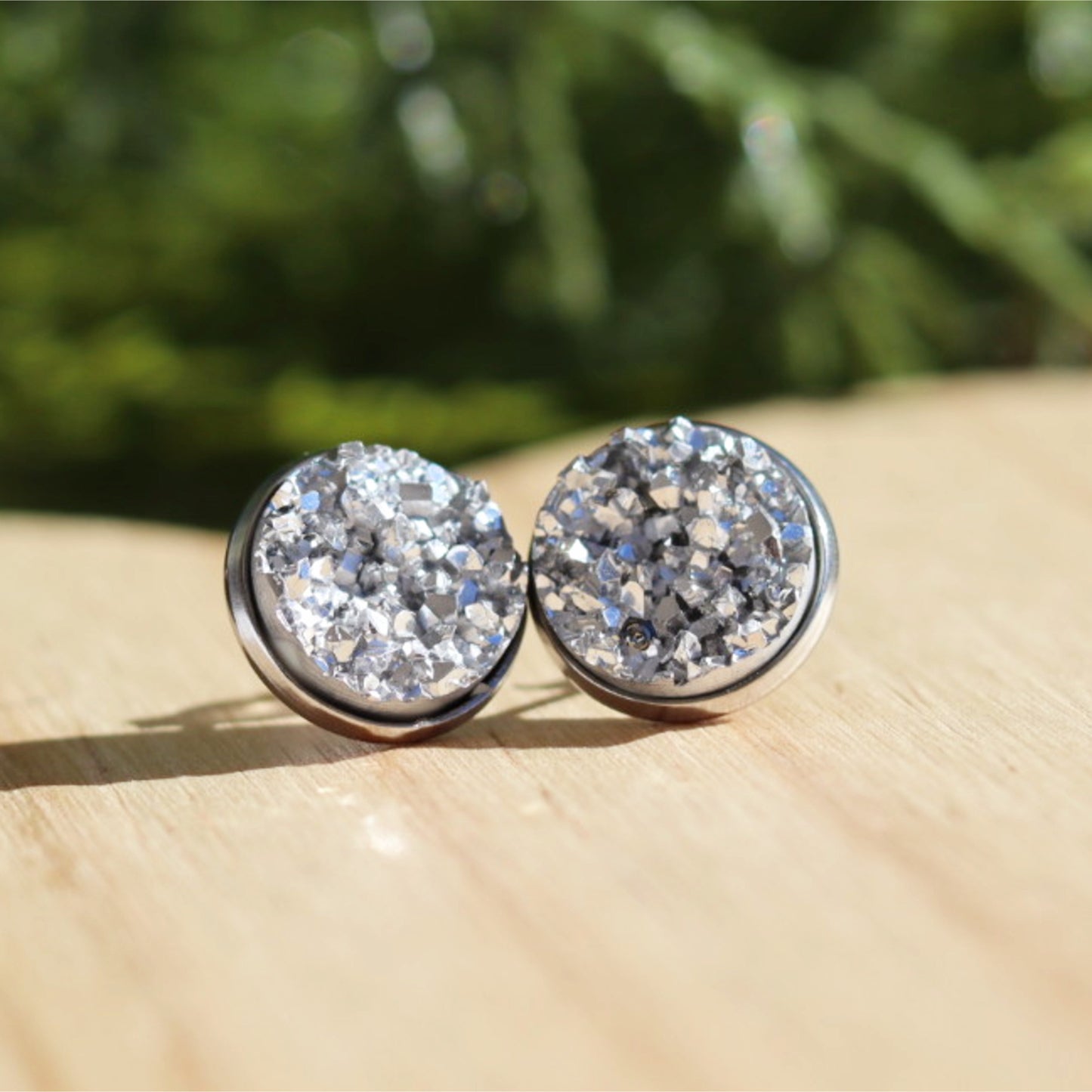 chunky silver druzy cabochon stud earrings