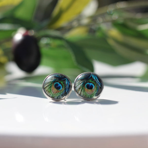 silver peacock feather stud earrings lake lark