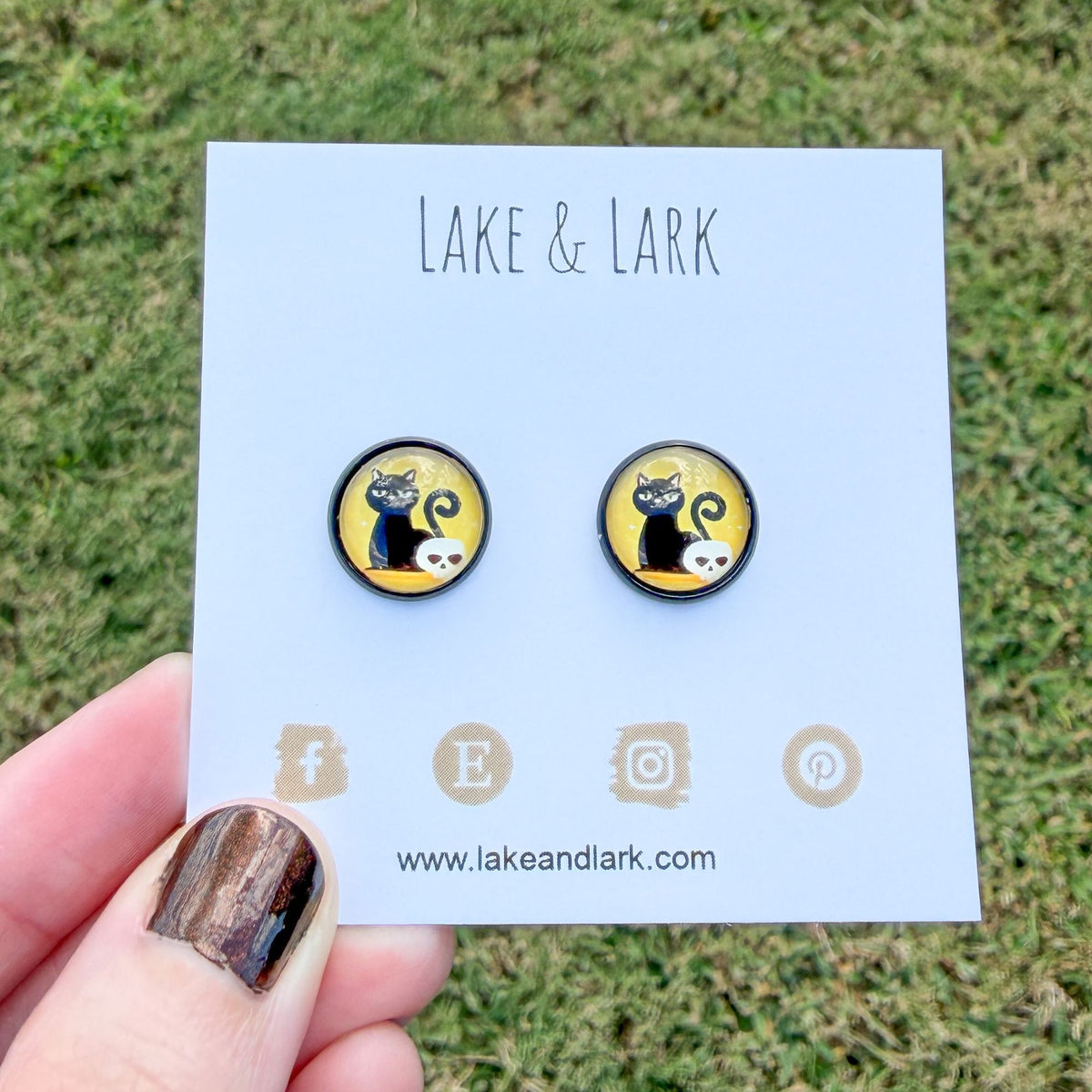 Black Cat Skull Halloween Stud Earrings