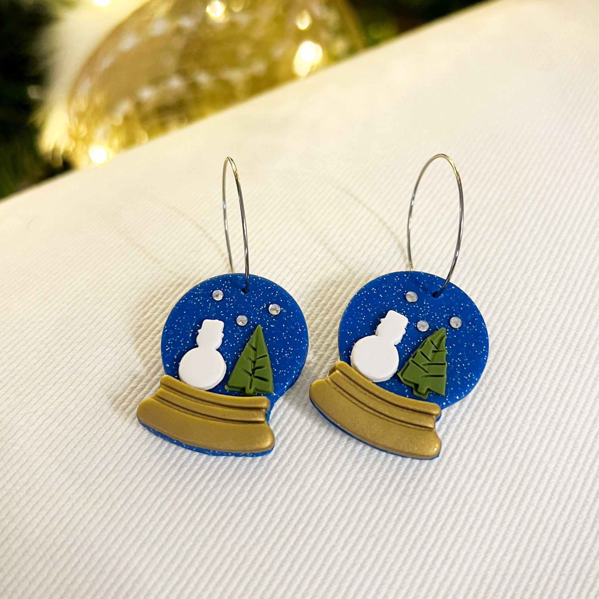 snowman snow globe clay hoop earrings