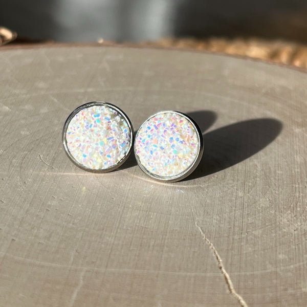 white iridescent druzy stud earrings