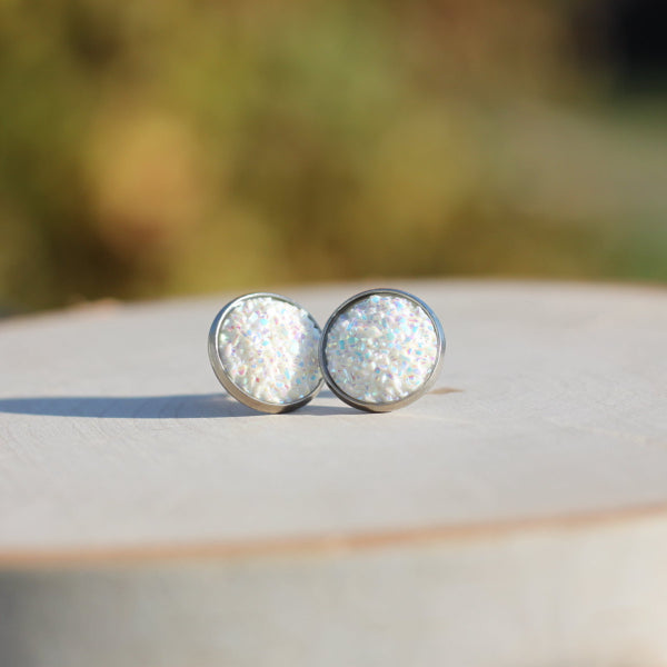 white glitter stud earrings