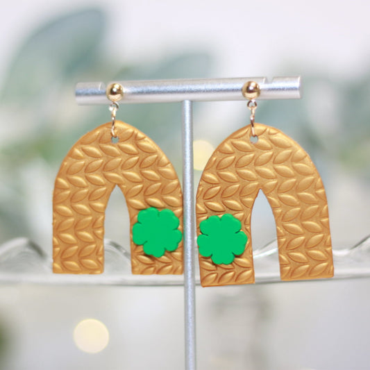 gold arch shamrock earrings