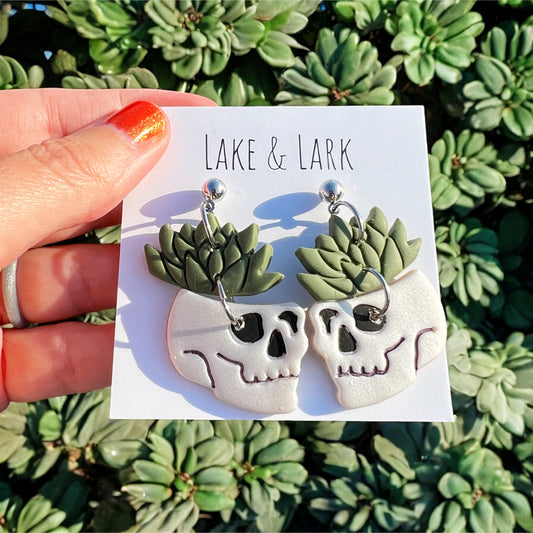 skull planter succulent earrings