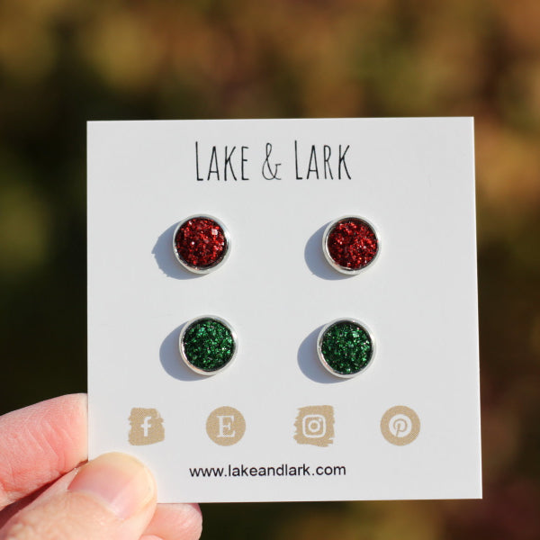 red green tiny christmas stud earrings gift set