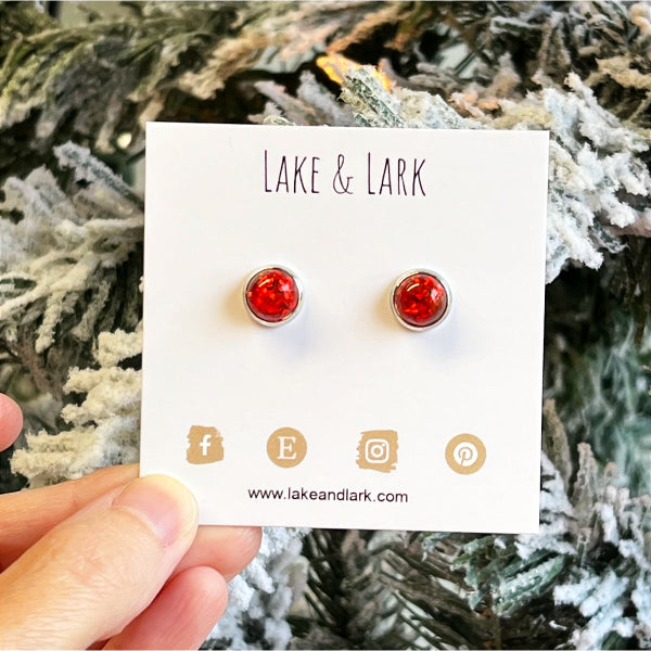 8mm red glitter christmas stud earrings