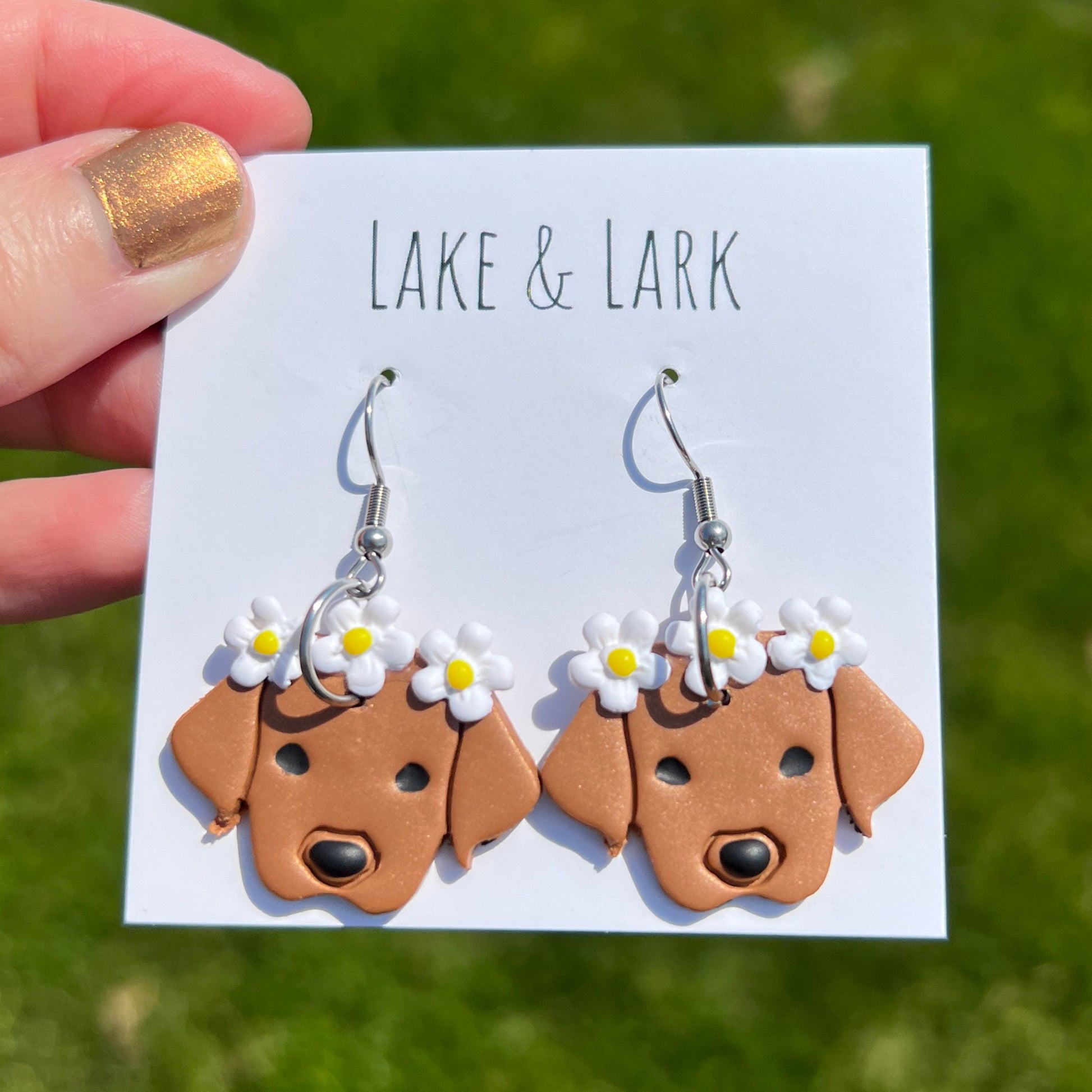 red lab copper dog flower crown earrings