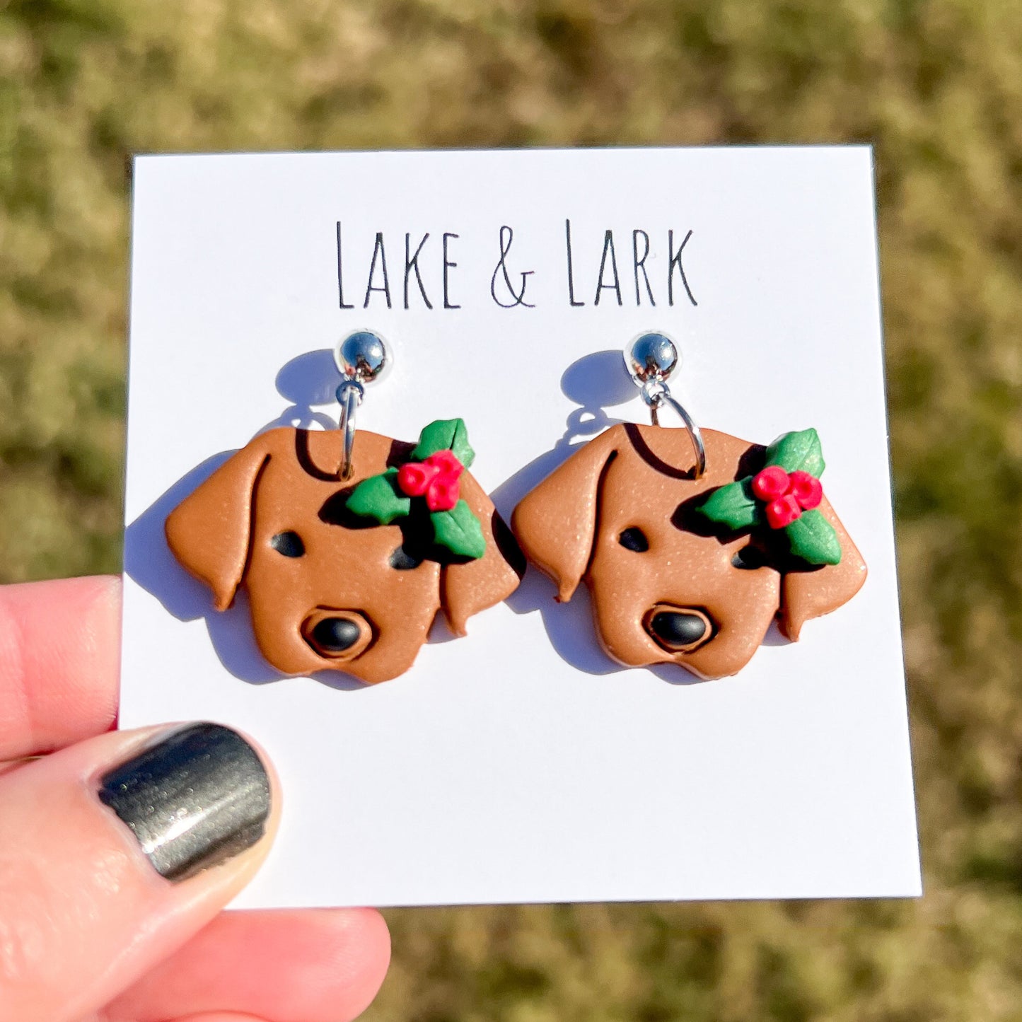 vizsla red fox lab dog christmas earrings holly berries lake lark