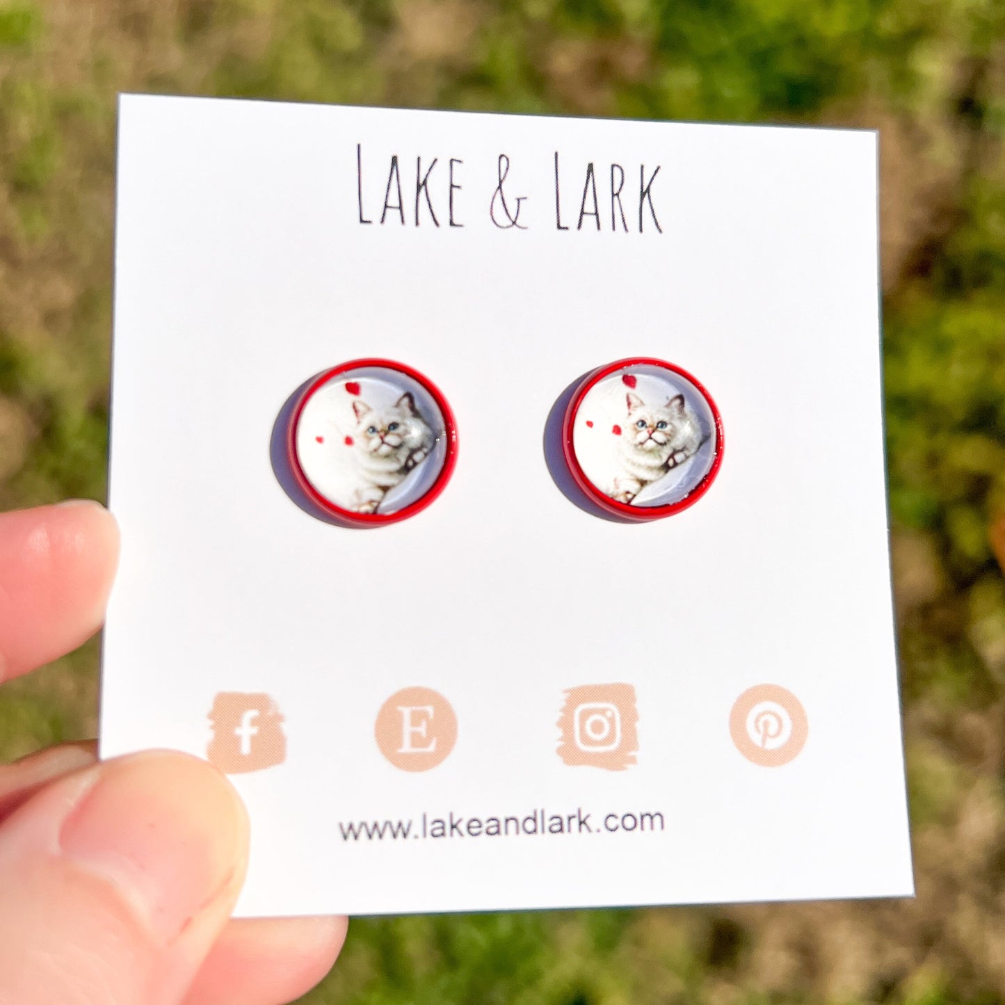 white cat heart valentine stud earrings lake lark