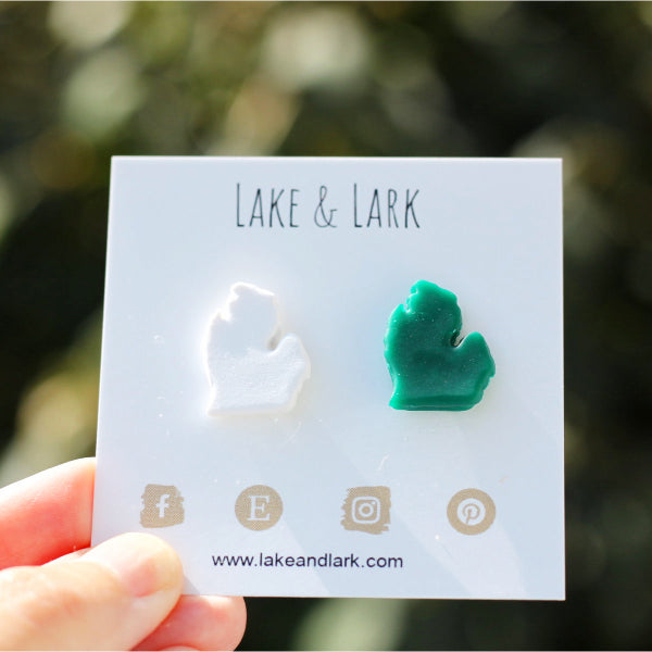 handmade michigan clay stud earrings green white