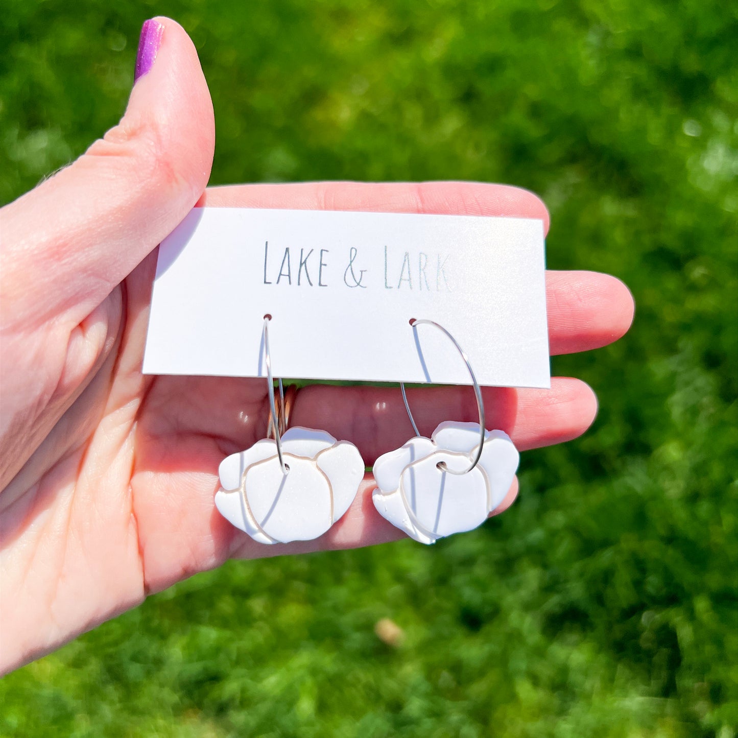 white peony flower hoop earrings