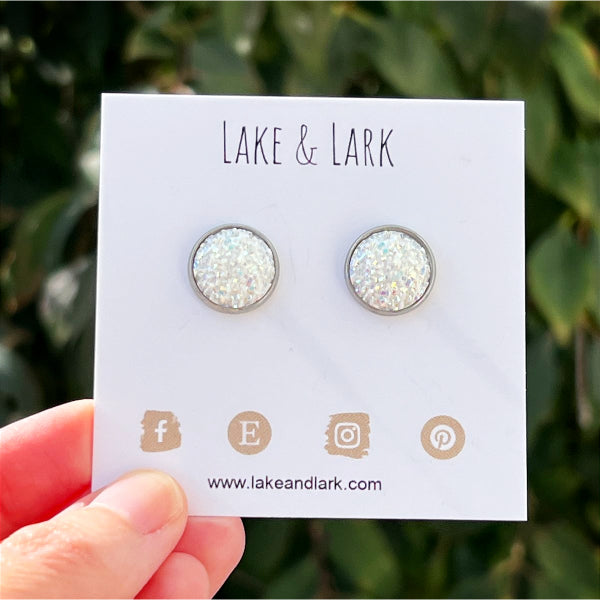 white snowball druzy stud earrings lake lark