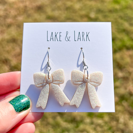 White Glitter Bow Statement Earrings | Sparkling Winter Jewelry