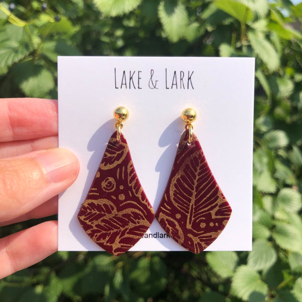 burgundy gold leaf autumn earrings