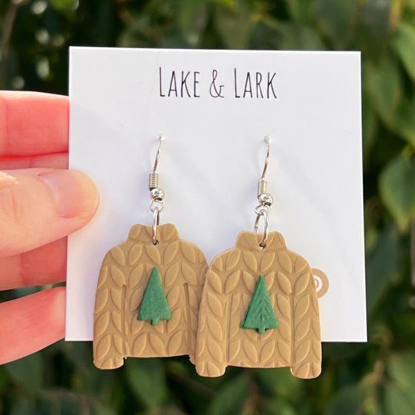 christmas tree sweater clay earrings