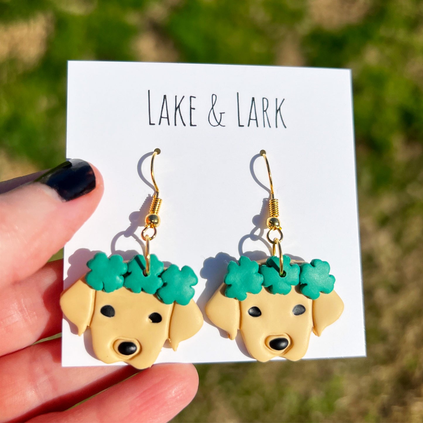 yellow lab dog golden retriever shamrock earrings st patricks lake lark