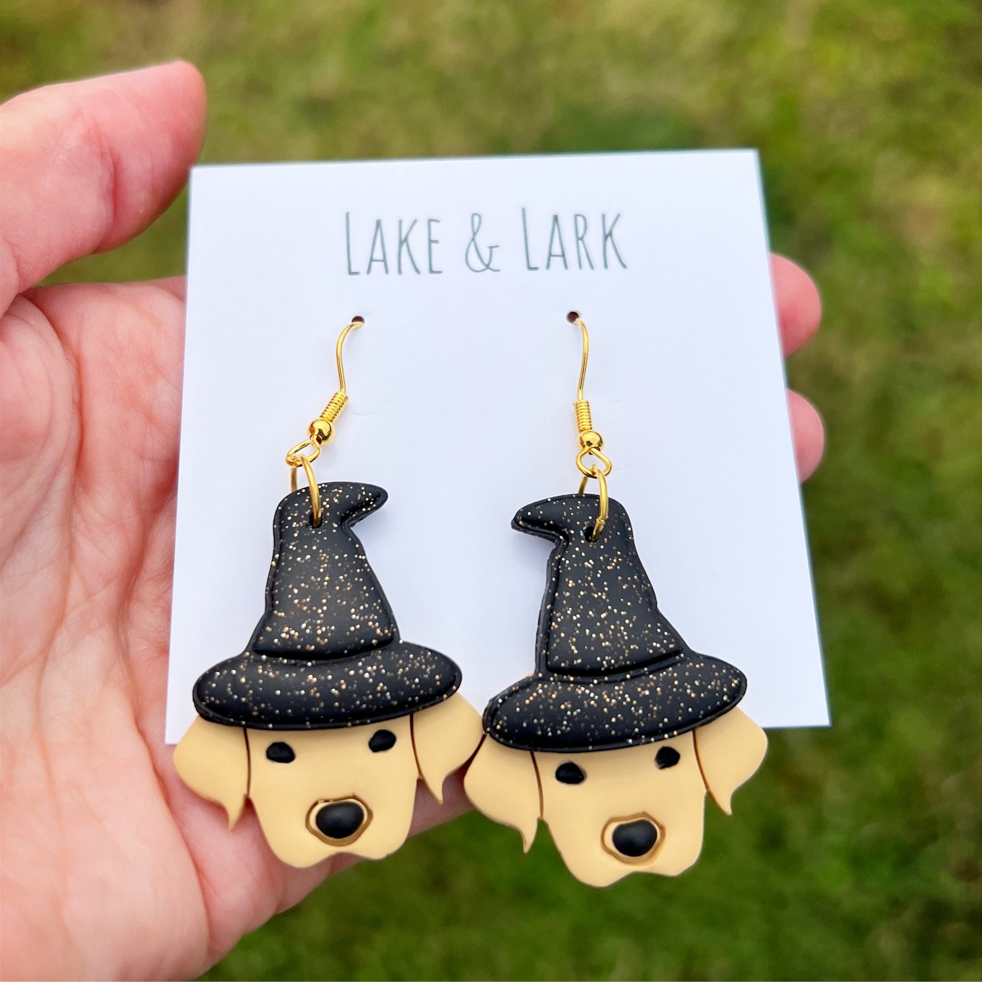 halloween witch yellow lab dog earrings